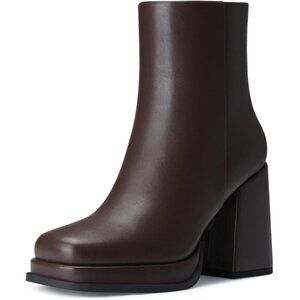 Women Brown Platform Ankle Boots 3.5 In Chunky High Heel Fashion Leather Boot